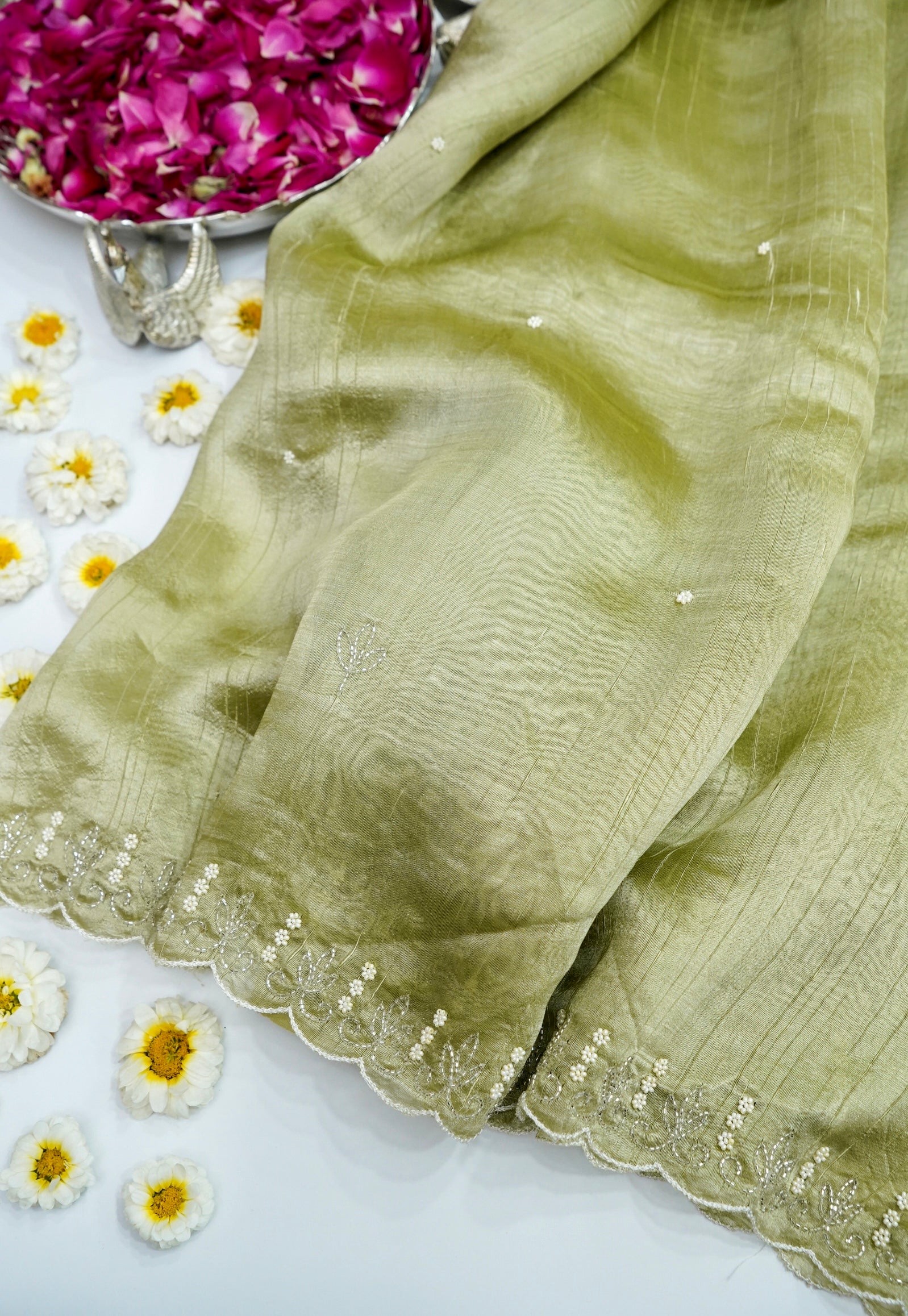 Raw Silk Saree with Handcrafted Zardozi Embroidered Border & Buti Detailing – Pista Green