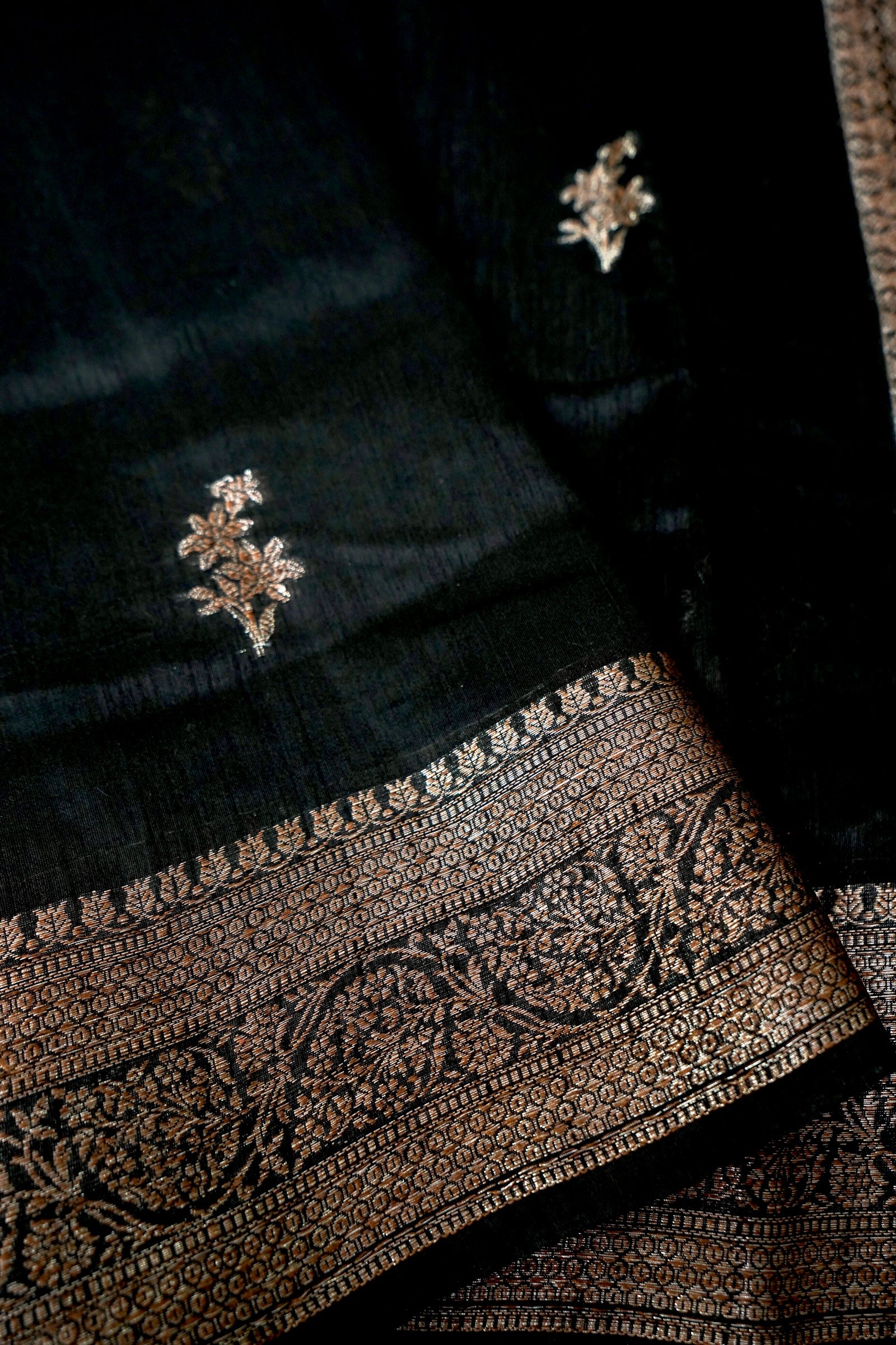 Raw silk saree with Antique Zari - Black