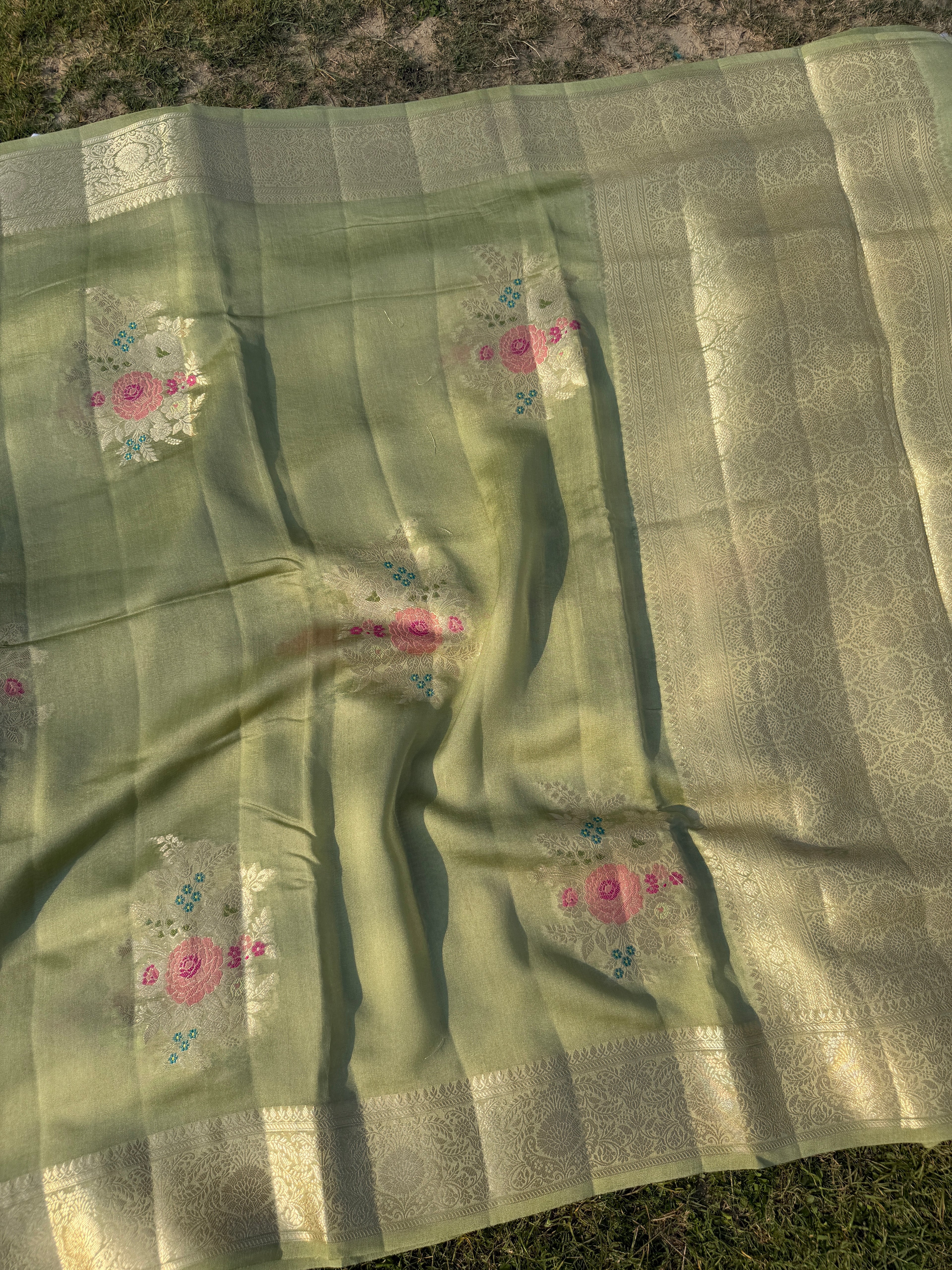 Pastel Pista Green Floral Georgette Banarasi Saree