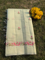 Linen Saree with Floral Embroidery – Mint Green