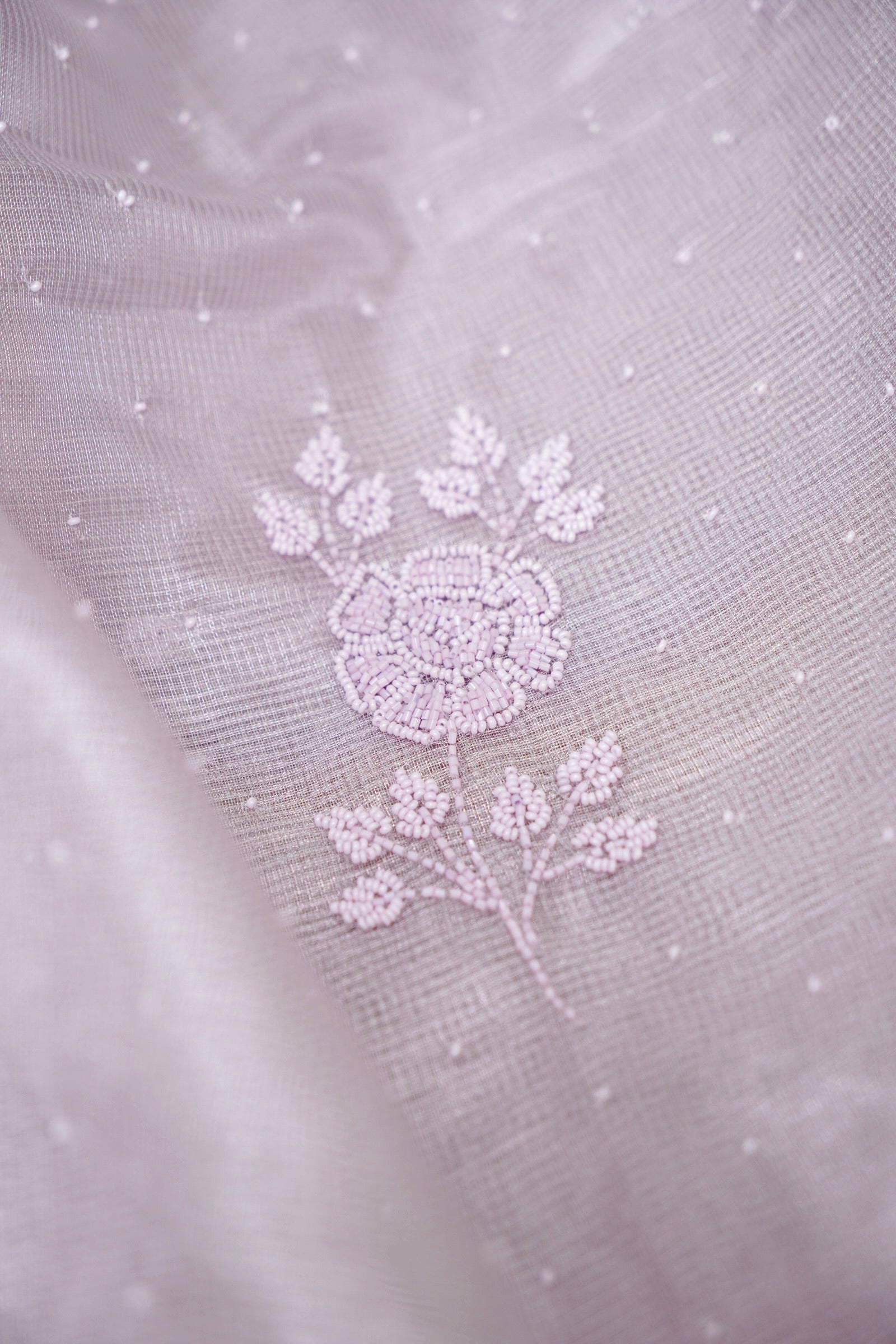 Tissue Kota Saree with All-Over Moti Handwork – Lavender