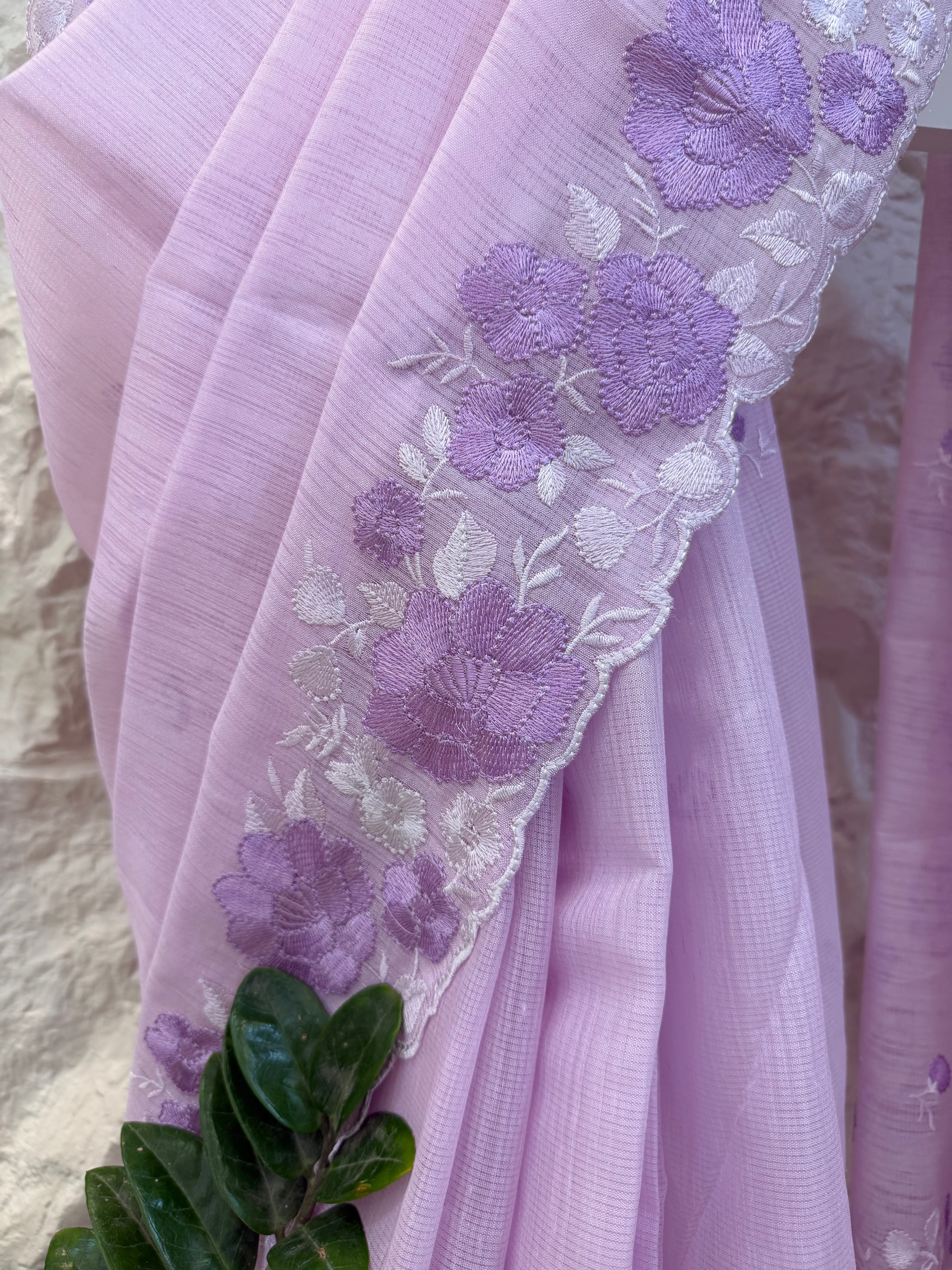 Lavender Embroidered Linen  Saree