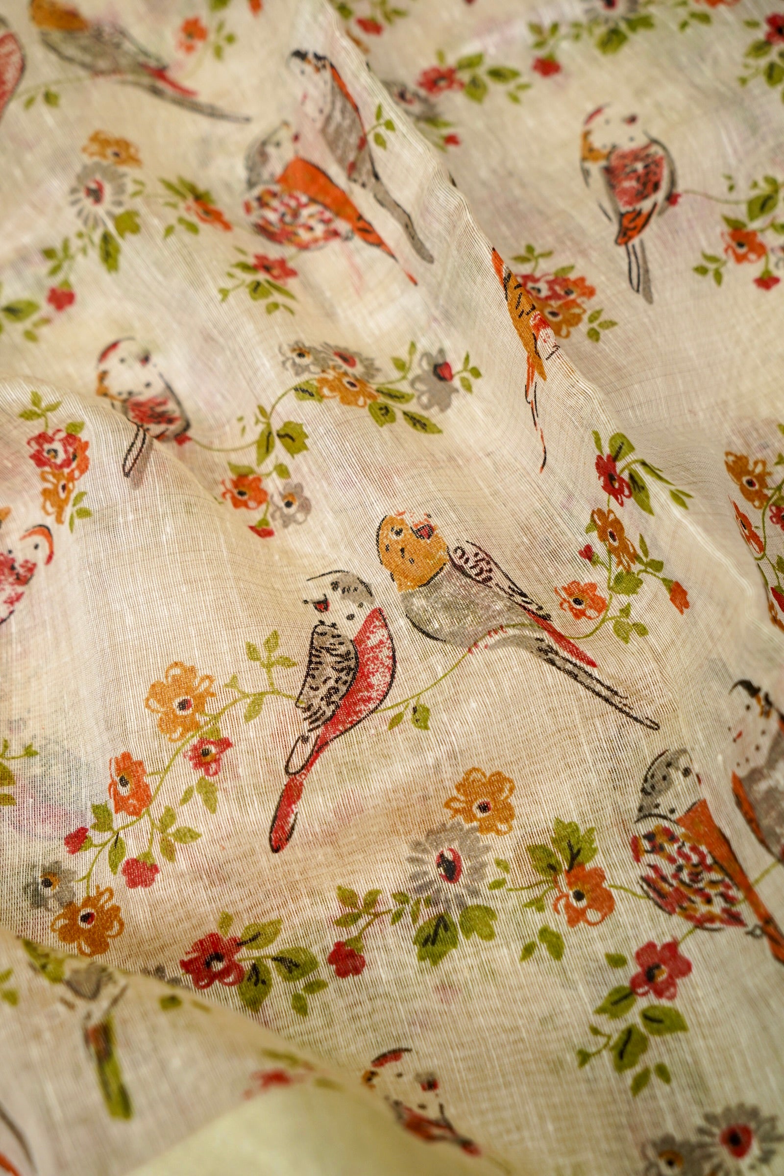 Cotton Linen Bird Printed Saree - Orange