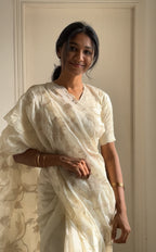 Raw Silk Saree with Applique Work & Scalloped Border -Off White