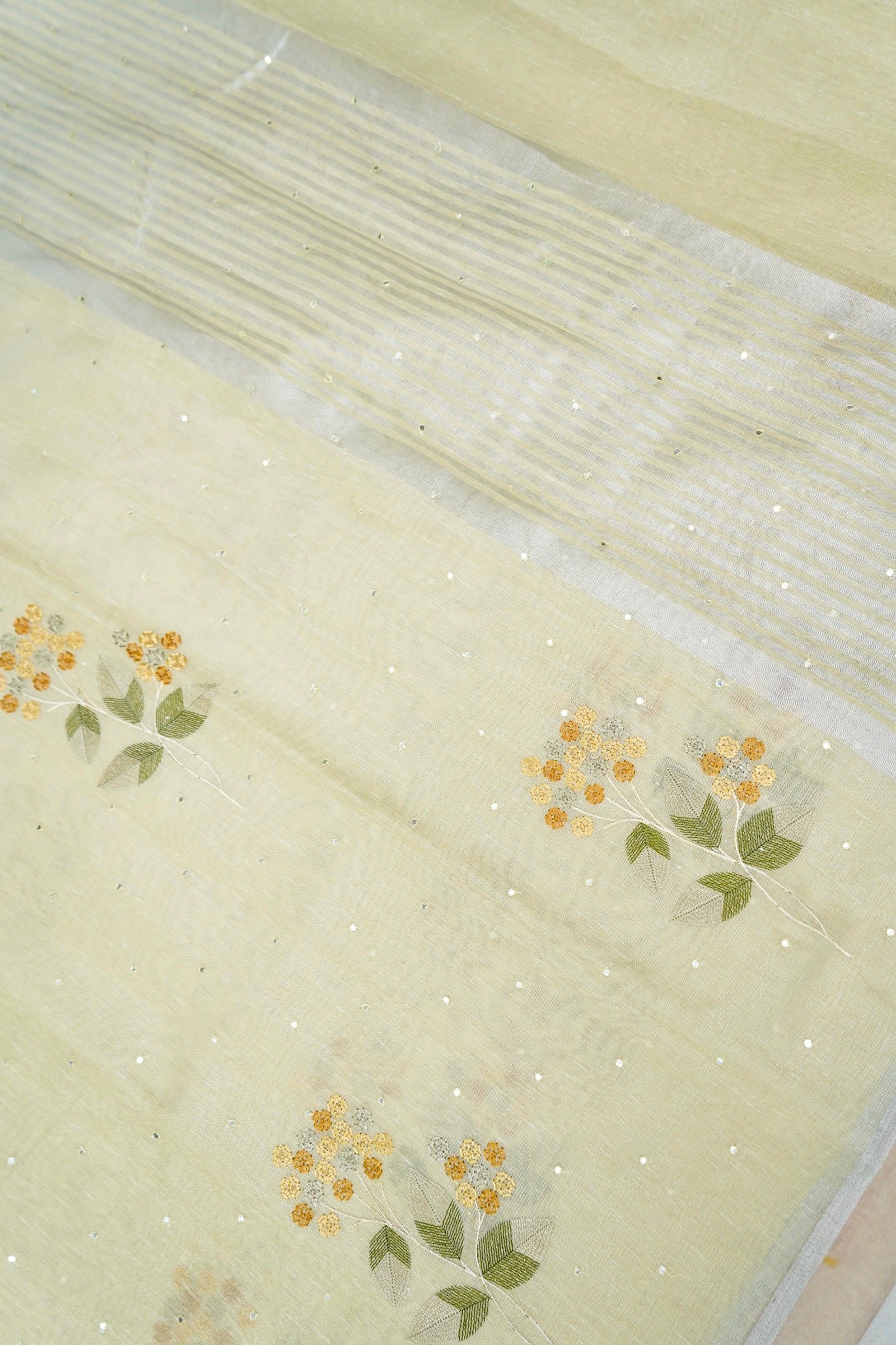 Linen Saree Floral Embroidery with Mirror Work – Lemon Yellow