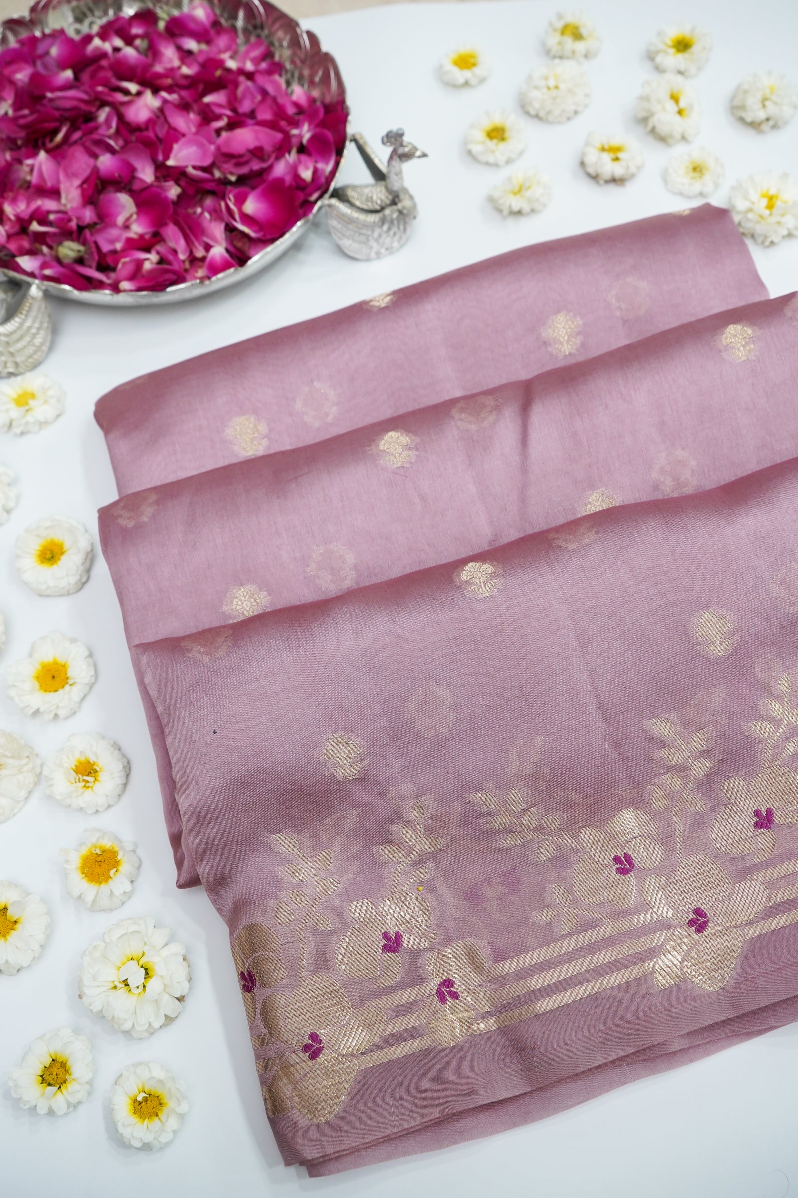Kora Silk Saree with Flora Weaving Border– Dusty Pink