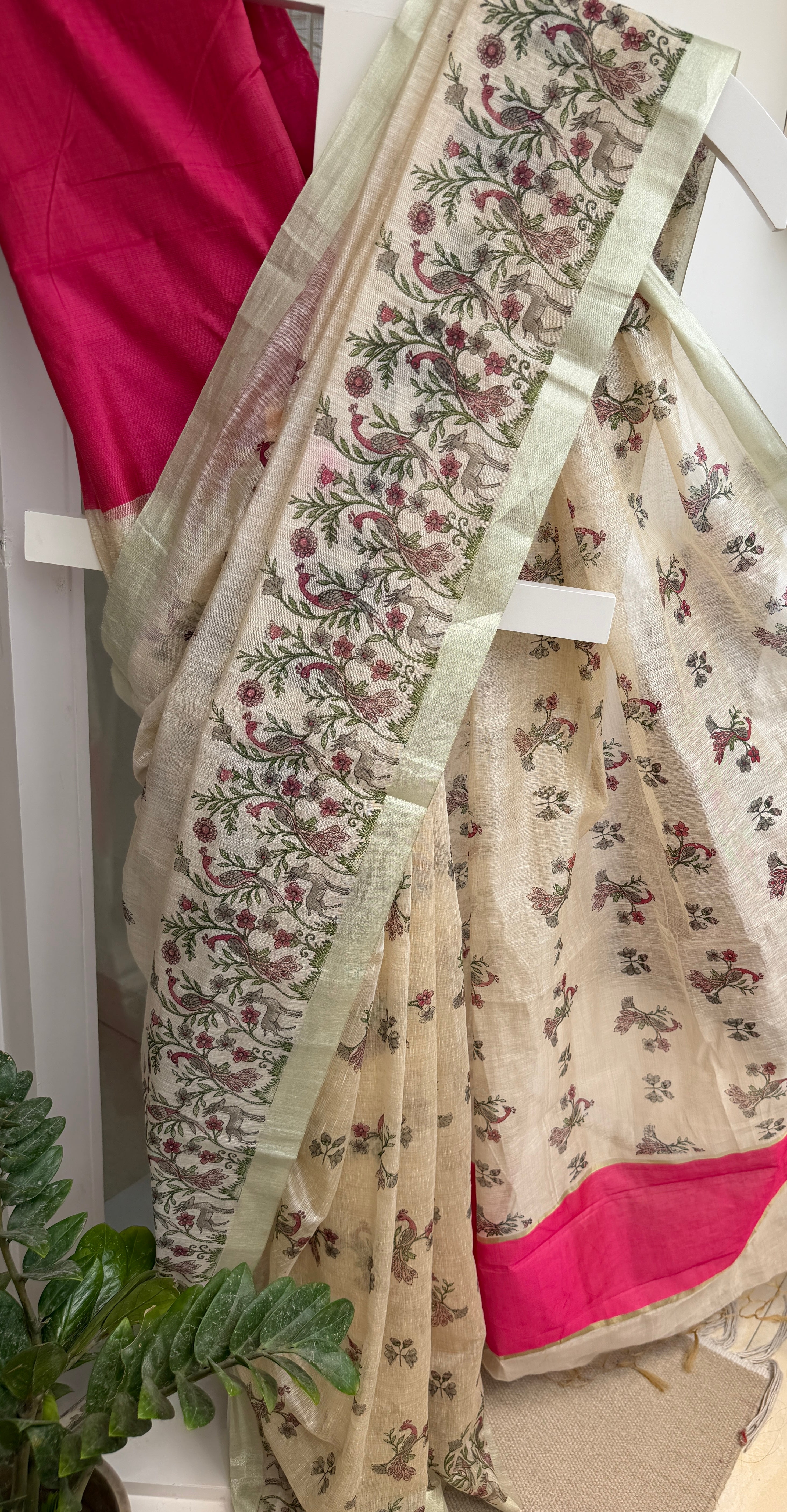 Linen Cotton Saree with Digital Floral & Bird Print – Beige & Rani Pink