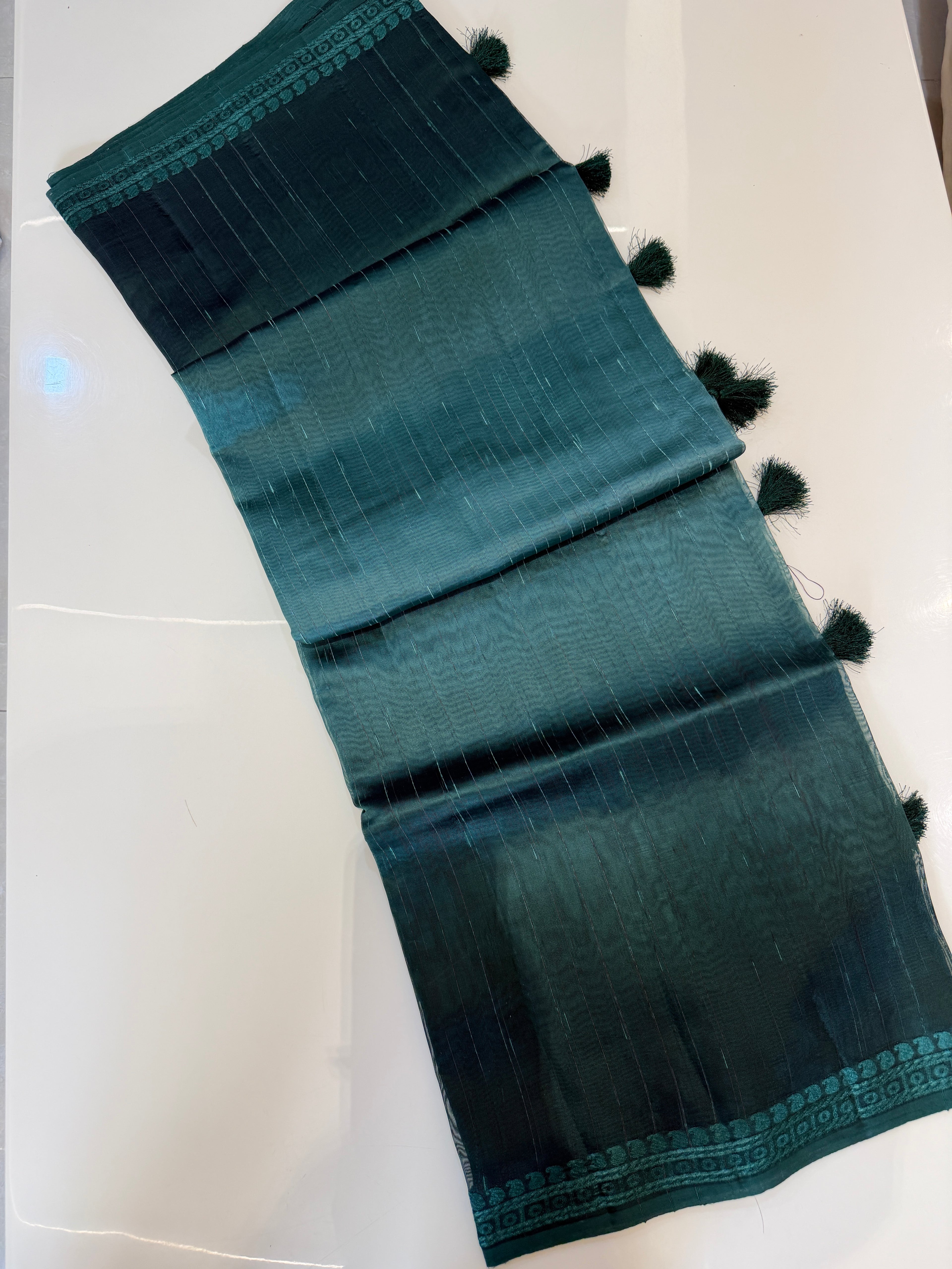Ombre Raw Silk Organza with Embroidered Border – Green
