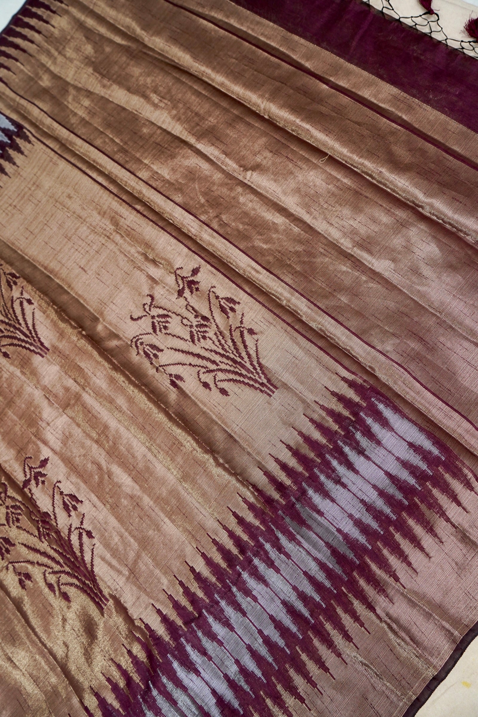 Tissue Silk Saree with Ikat-Inspired Weaving & Floral Buta – Antique Gold & Wine