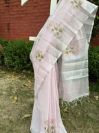 Linen Saree Floral Embroidery with Mirror Work – Blush Pink