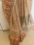 Checks Linen Tissue Saree with Embroidery -Pink