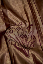 Tissue Silk Saree with Ikat-Inspired Weaving & Floral Buta – Antique Gold & Wine
