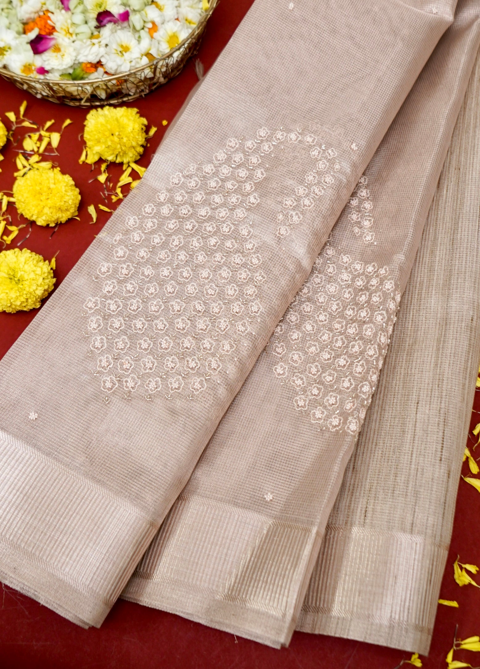 Kota Tissue Saree with Paisley Hand Moti Work – Rose Gold