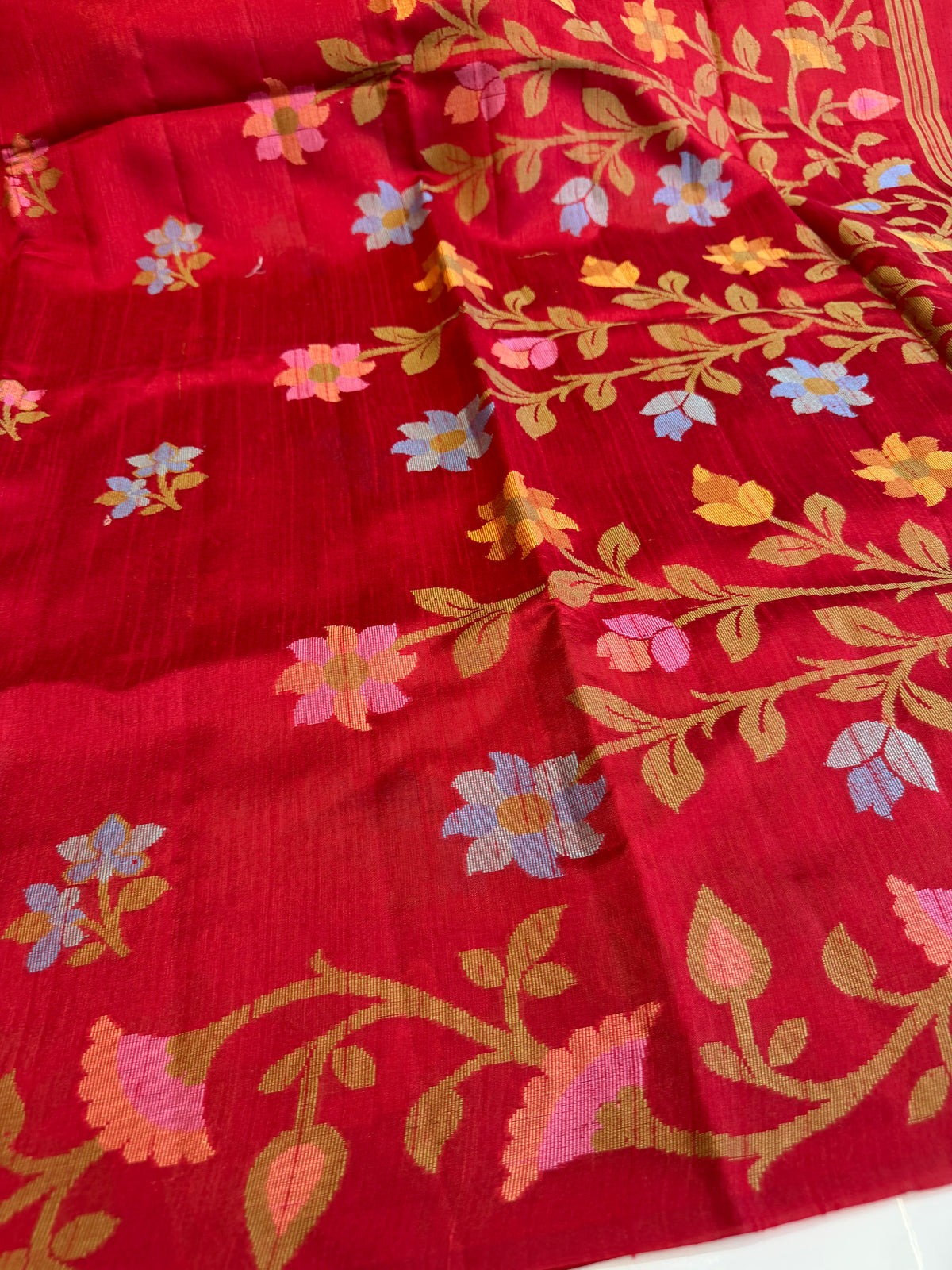 Crimson Red Raw Silk Banarasi Jamdani Saree