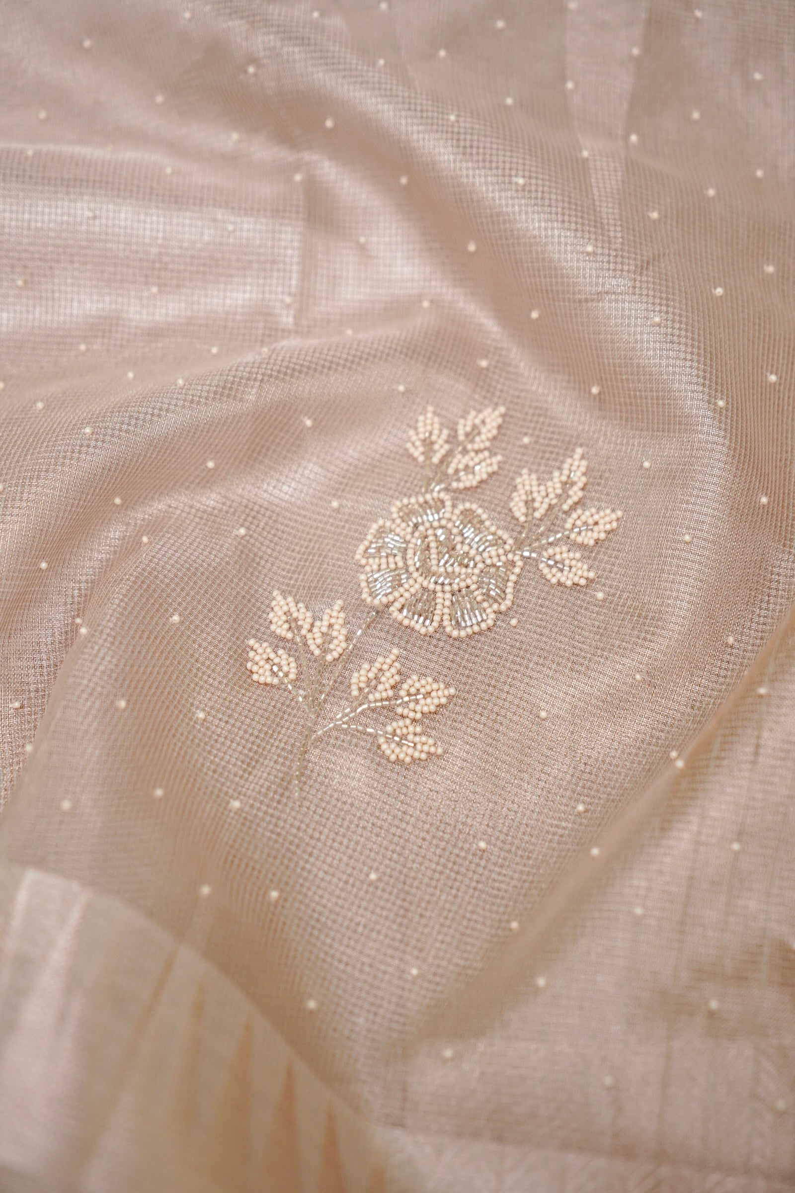 Tissue Kota Saree with All-Over Moti Handwork – Rose Gold