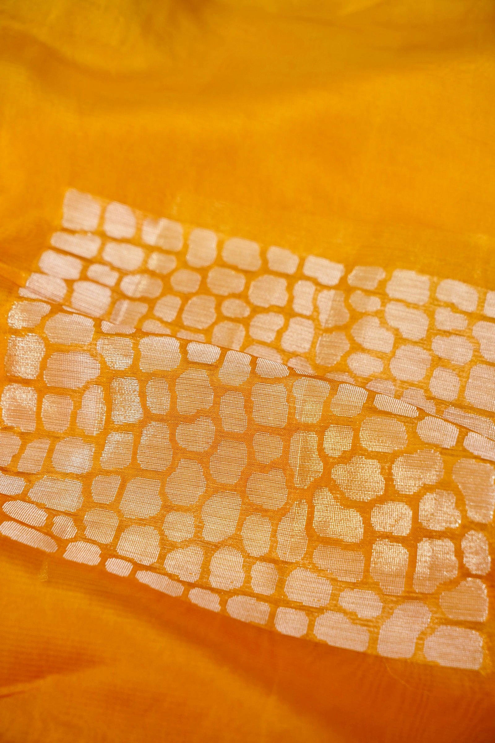 Ombré Paper Silk Saree with Geometric Square Motifs – Mustard Glow