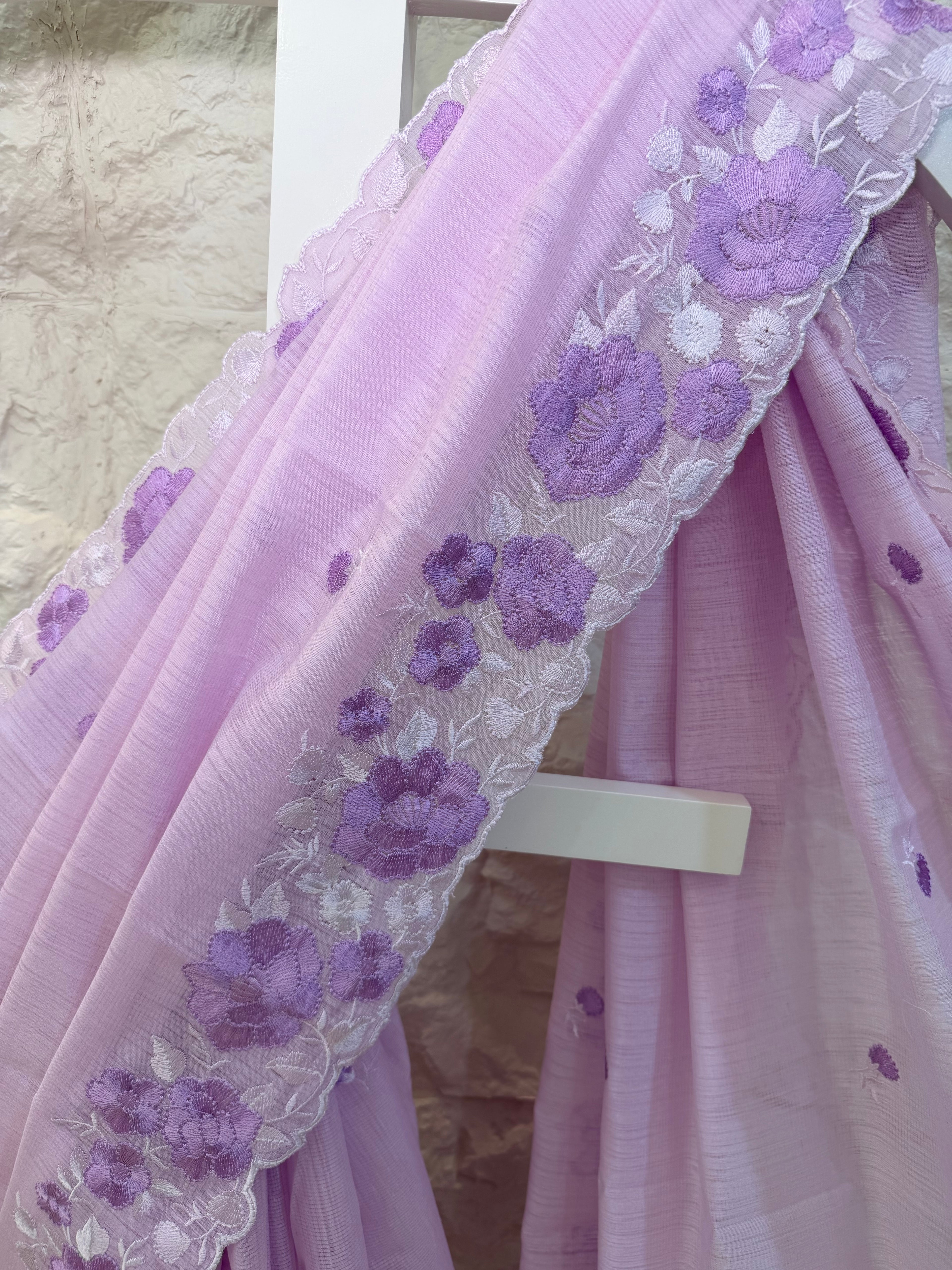 Lavender Embroidered Linen  Saree