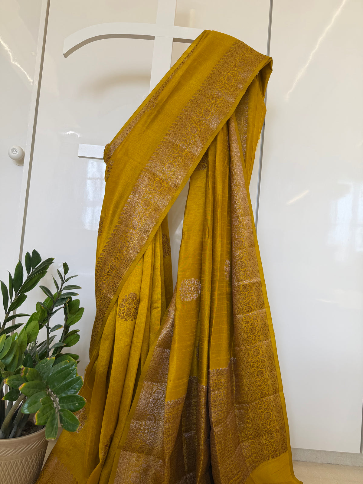 Mustard Yellow Raw Silk Saree with Antique Zari Weave
