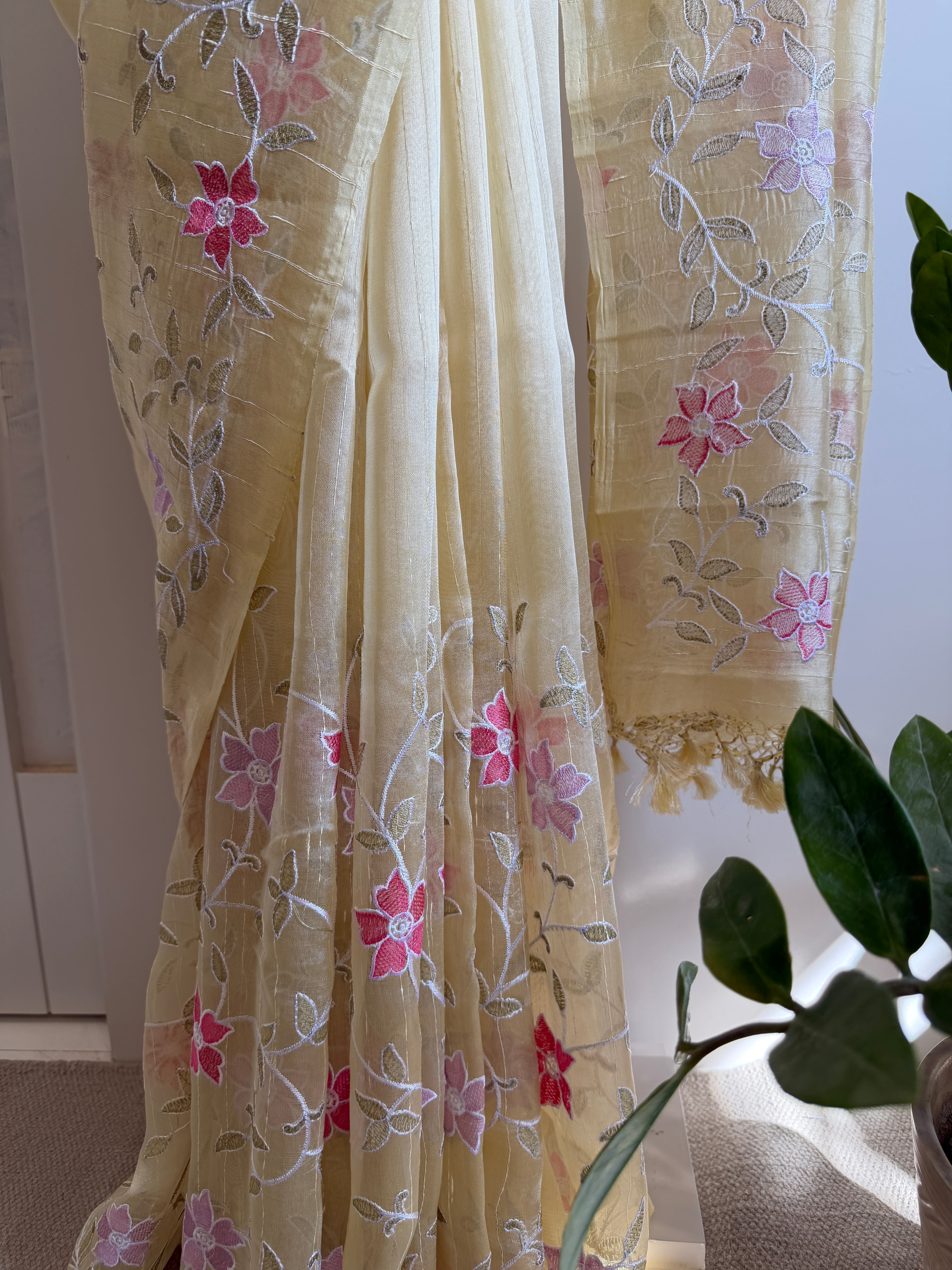 Raw Silk Saree with Flower and Petal Embroidery - Yellow