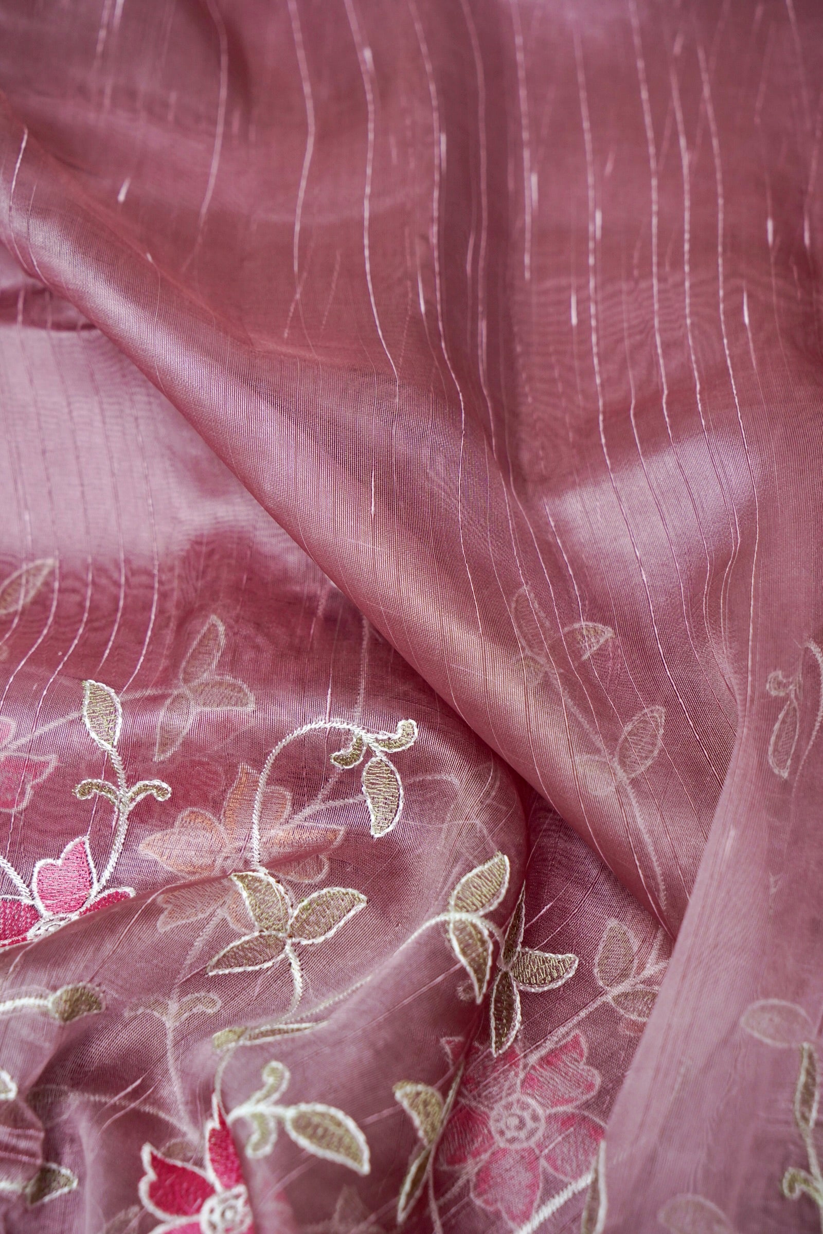 Raw Silk Saree with Flower and Petal Embroidery - Dusty Lavender