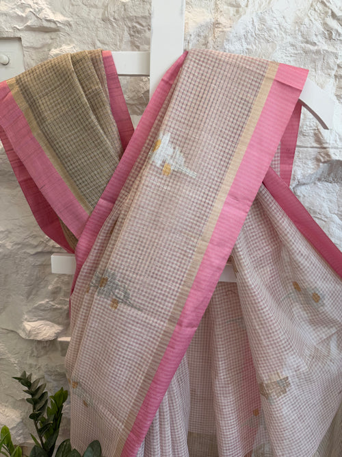 Blush Pink Checks Linen Saree