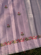 Linen Saree with Floral Embroidery – Lilac