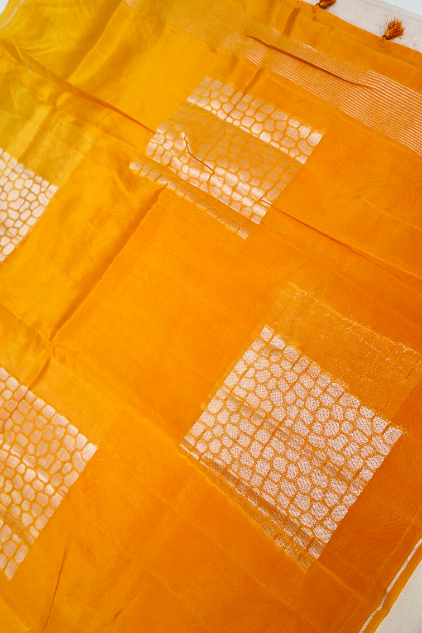 Ombré Paper Silk Saree with Geometric Square Motifs – Mustard Glow