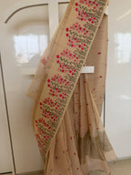 Checks Linen Tissue Saree with Embroidery -Pink