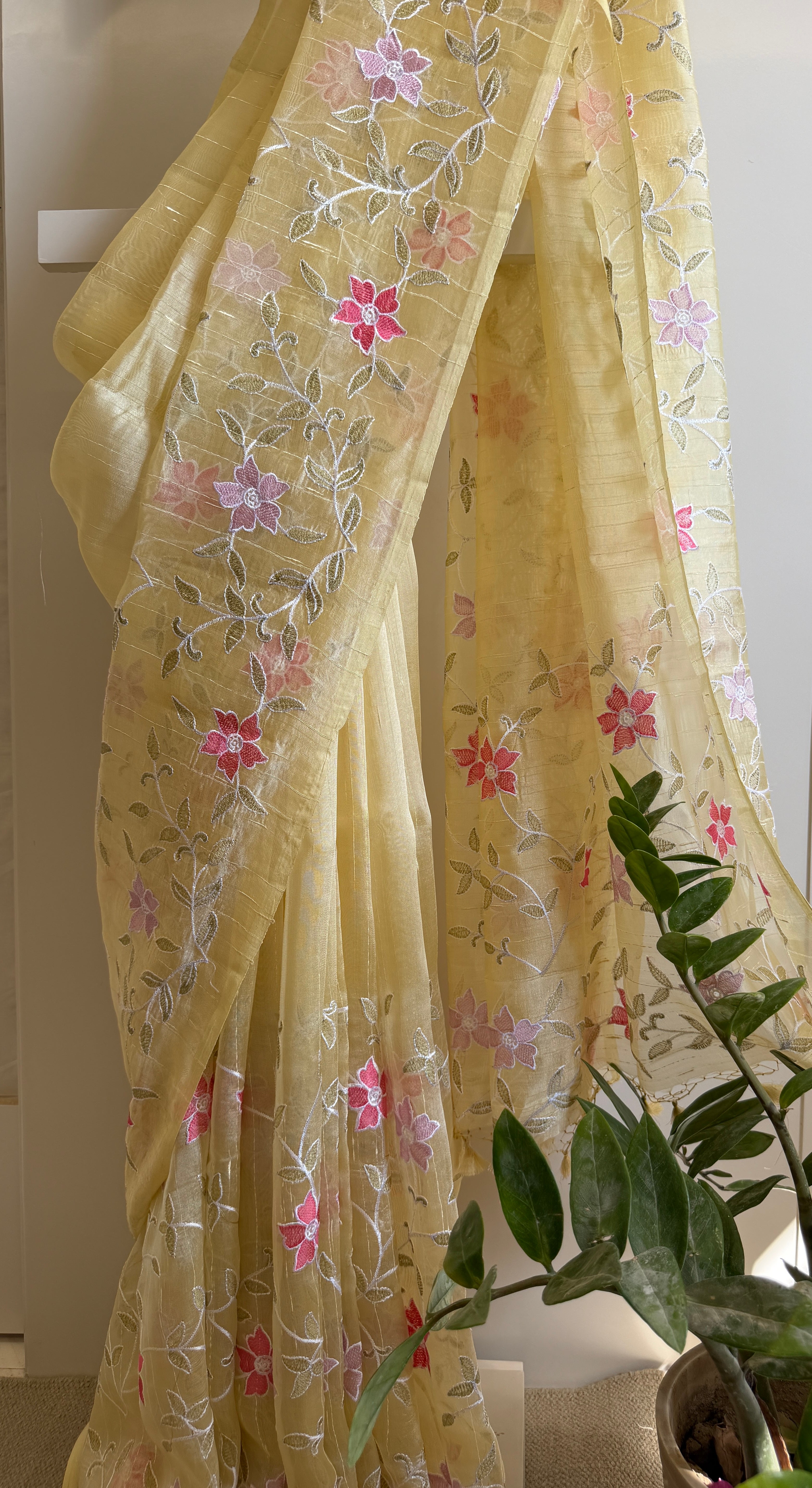 Raw Silk Saree with Flower and Petal Embroidery - Yellow