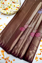 Tissue Silk Saree with Floral Weaving & Temple Border – Antique Gold & Wine