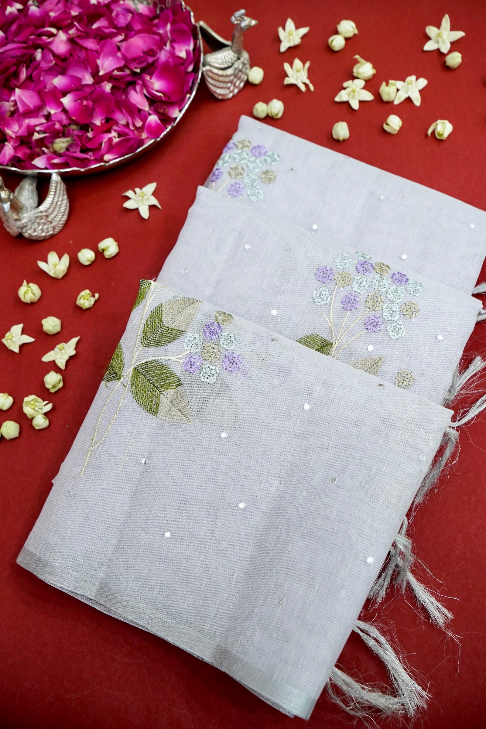 Linen Saree Floral Embroidery with Mirror Work – Lavender