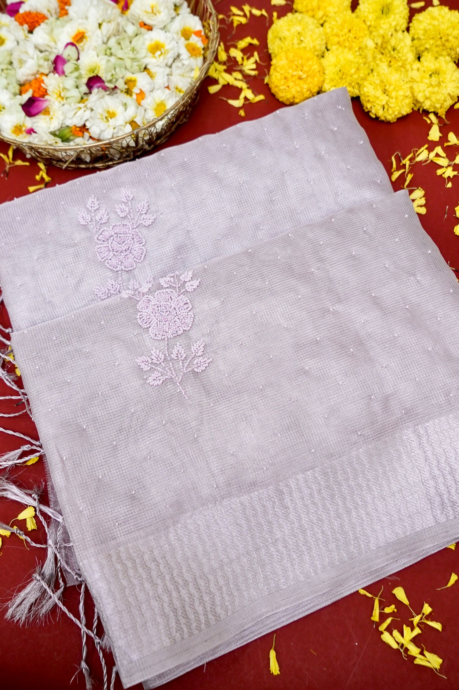 Tissue Kota Saree with All-Over Moti Handwork – Lavender