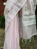 Linen Saree Floral Embroidery with Mirror Work – Blush Pink