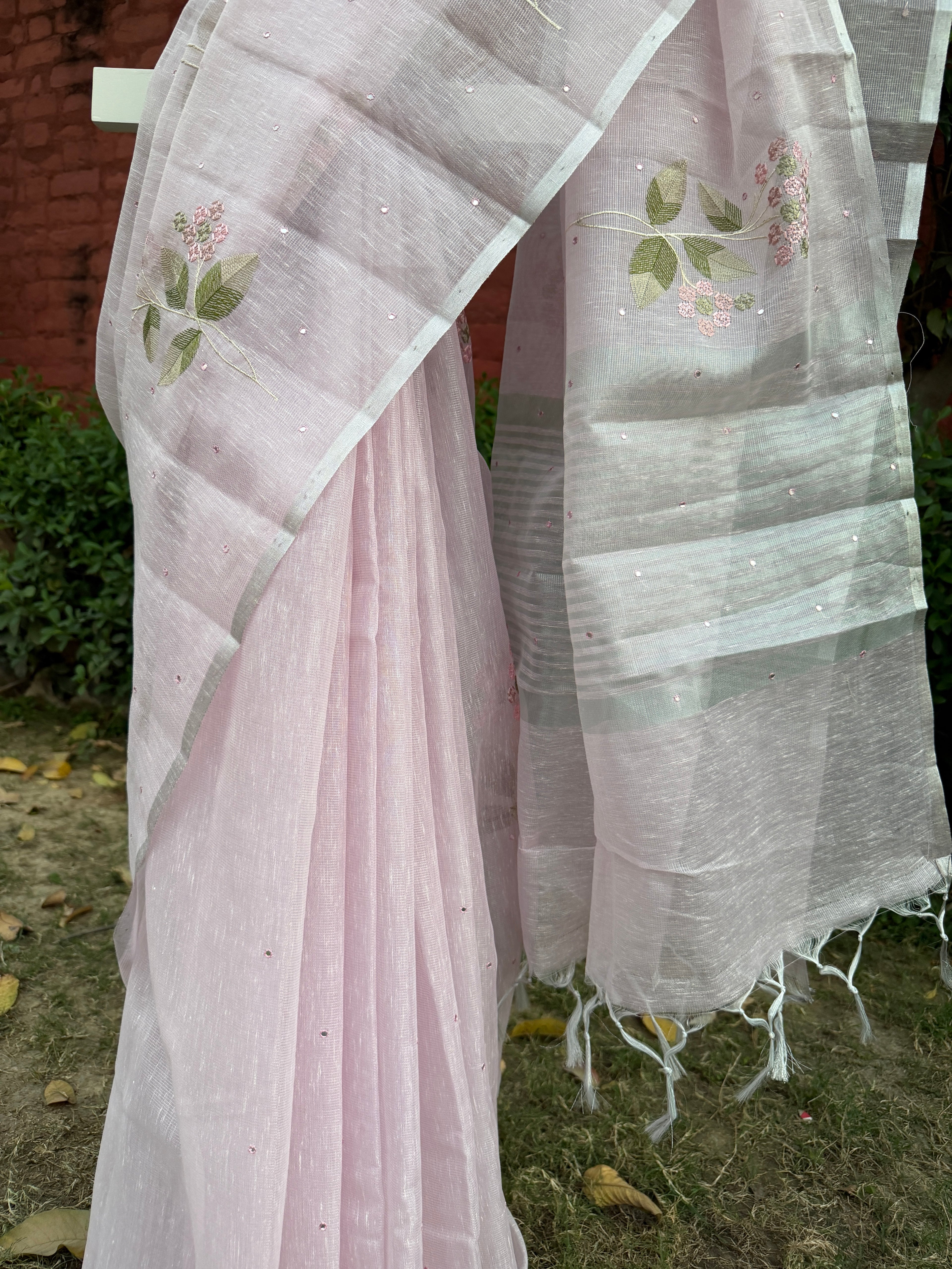 Linen Saree Floral Embroidery with Mirror Work – Blush Pink