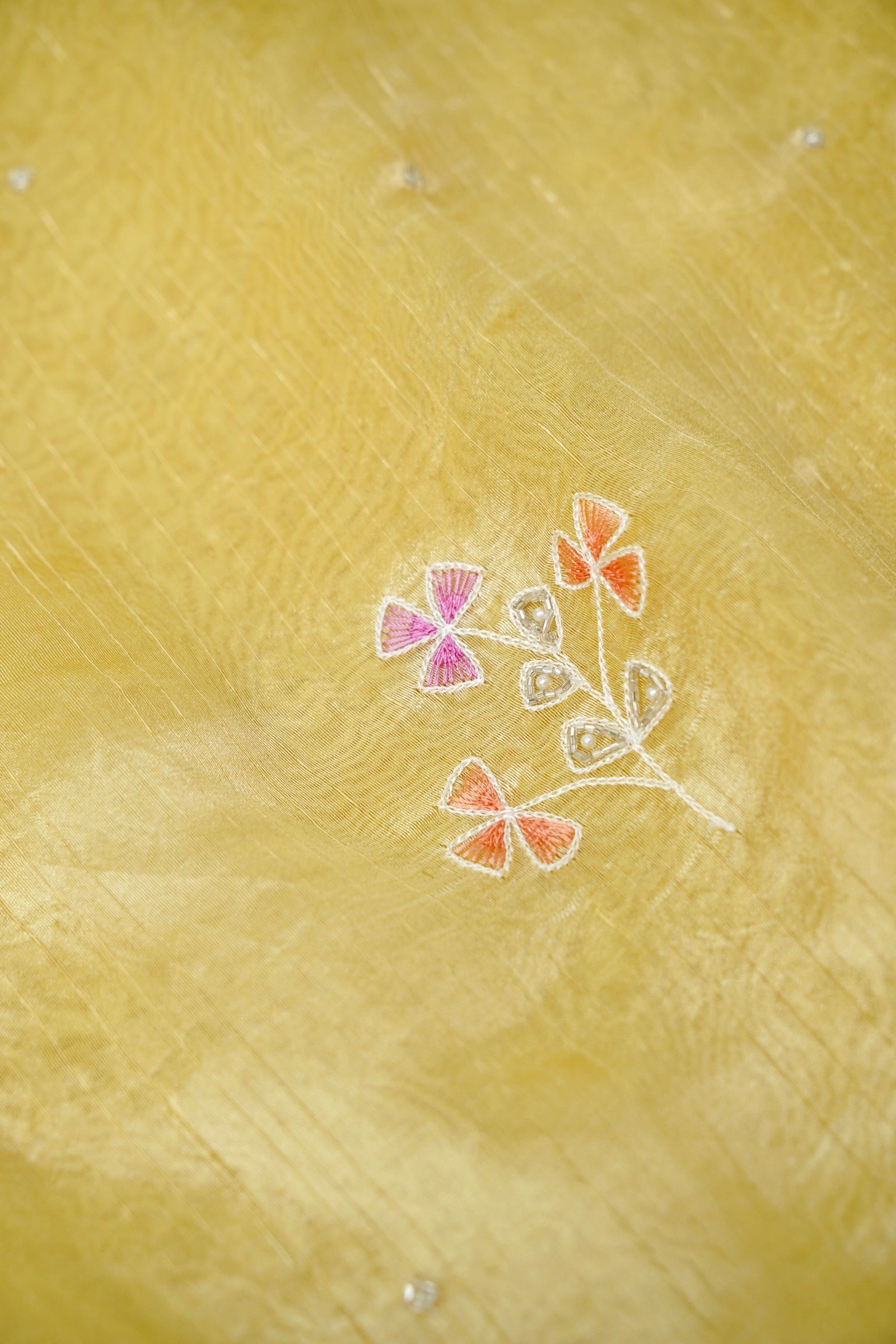 Raw Silk Saree with Handcrafted Moti & Zardozi Floral Embroidery – Lemon Gold Glow