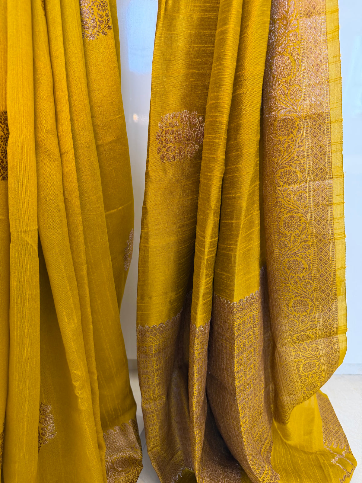 Mustard Yellow Raw Silk Saree with Antique Zari Weave