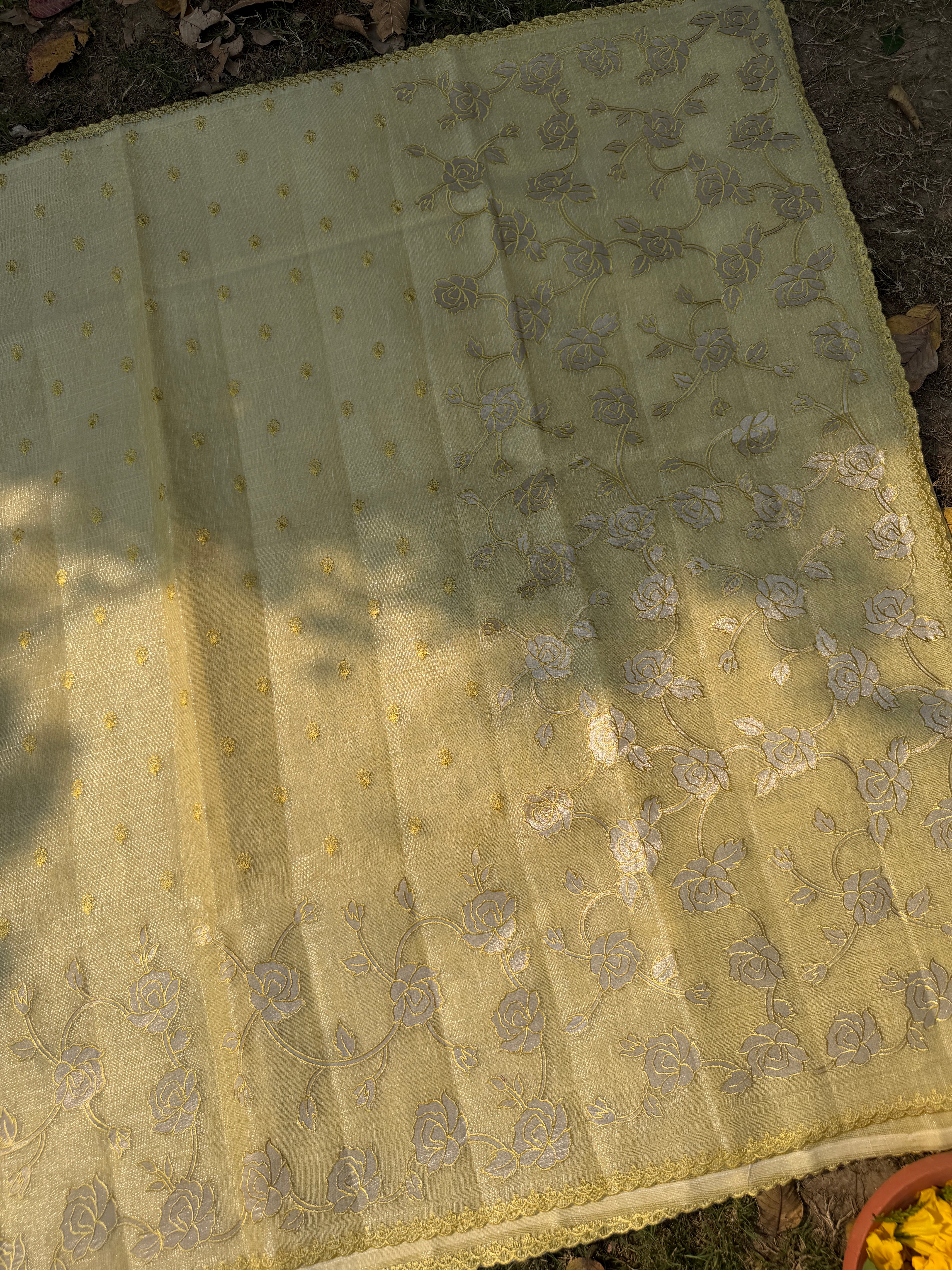 Linen tissue saree with applique work and scallop border - Lemon Yellow