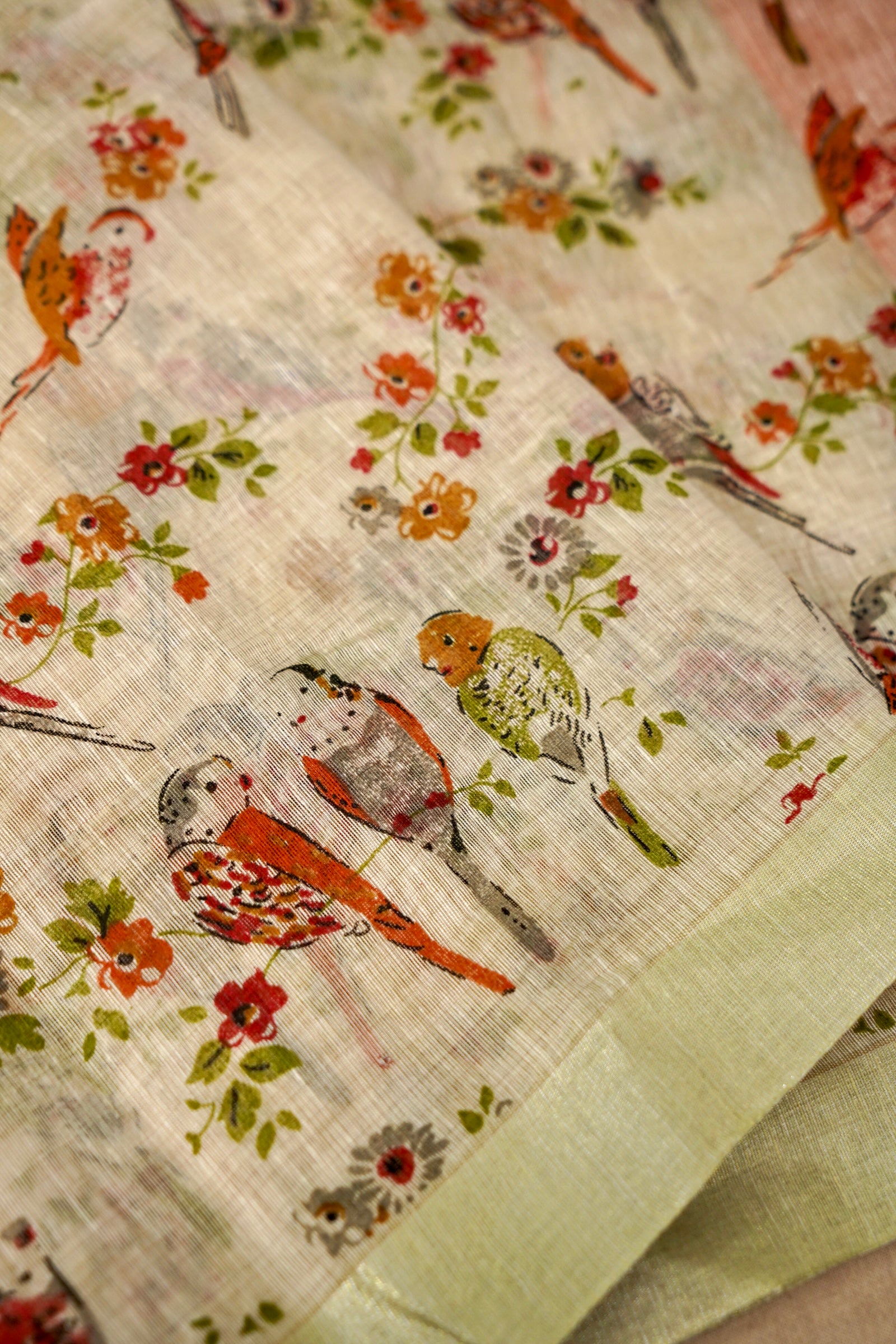 Cotton Linen Bird Printed Saree - Orange