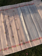 Linen Saree with Floral Embroidery – Peach