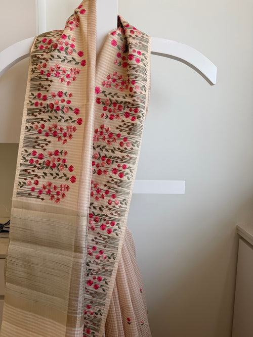 Checks Linen Tissue Saree with Embroidery -Pink
