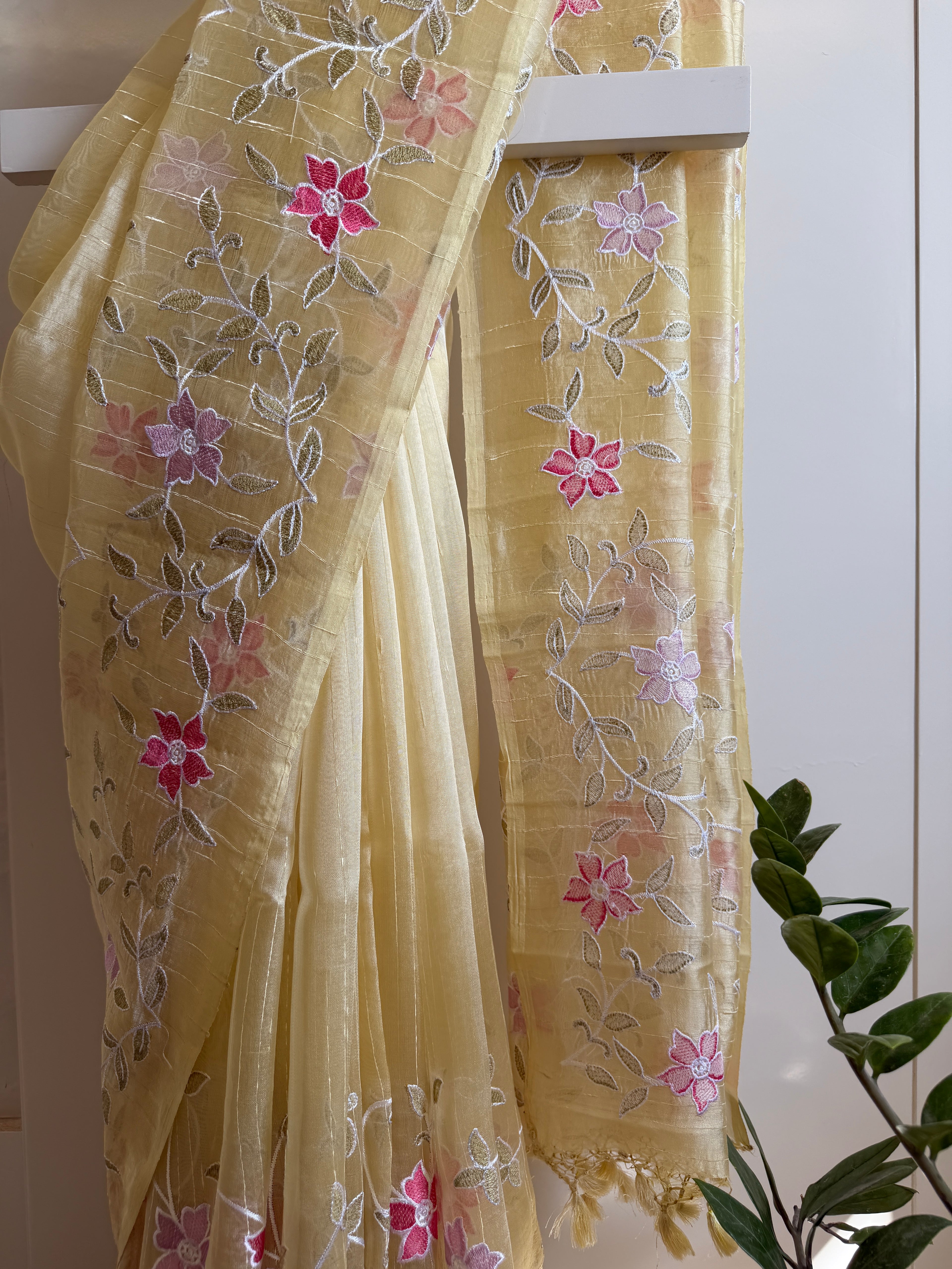 Raw Silk Saree with Flower and Petal Embroidery - Yellow