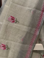 Linen Tissue Saree with Rose Embroidery- Pink