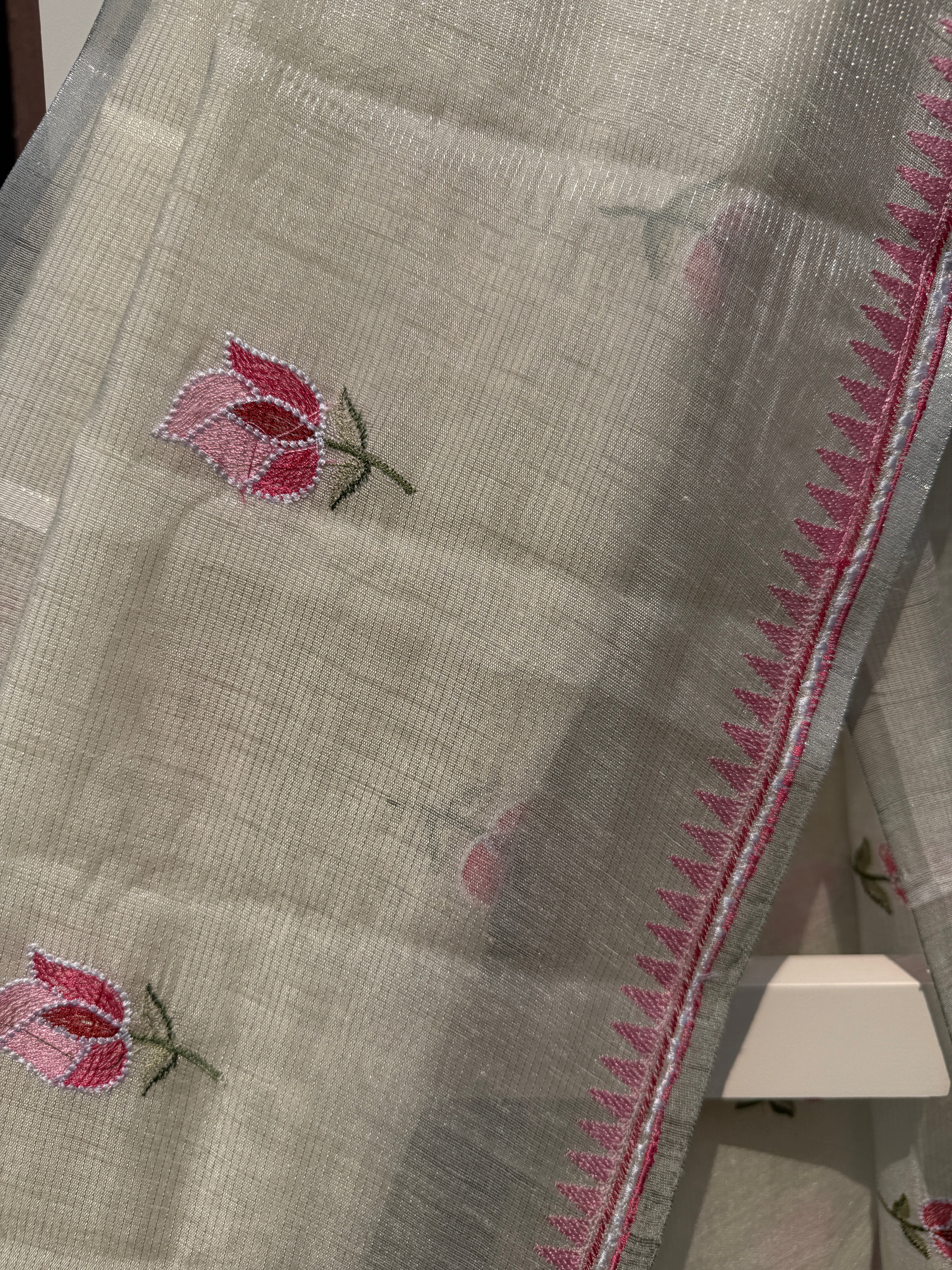 Linen Tissue Saree with Rose Embroidery- Pink