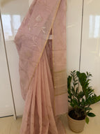 Pink Appliqué Linen Tissue Saree
