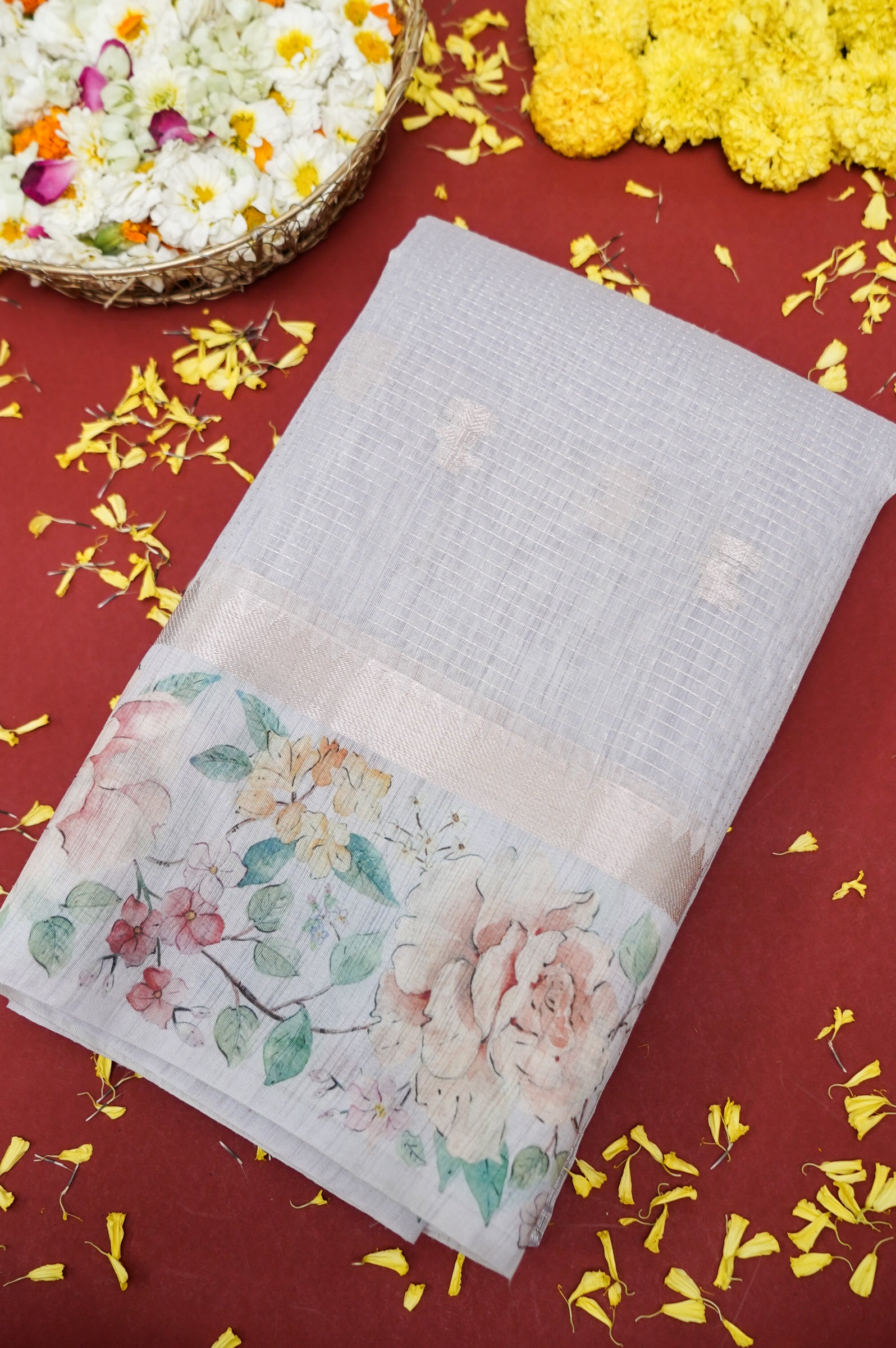 Linen Saree with Digital Floral Print – Dove Grey