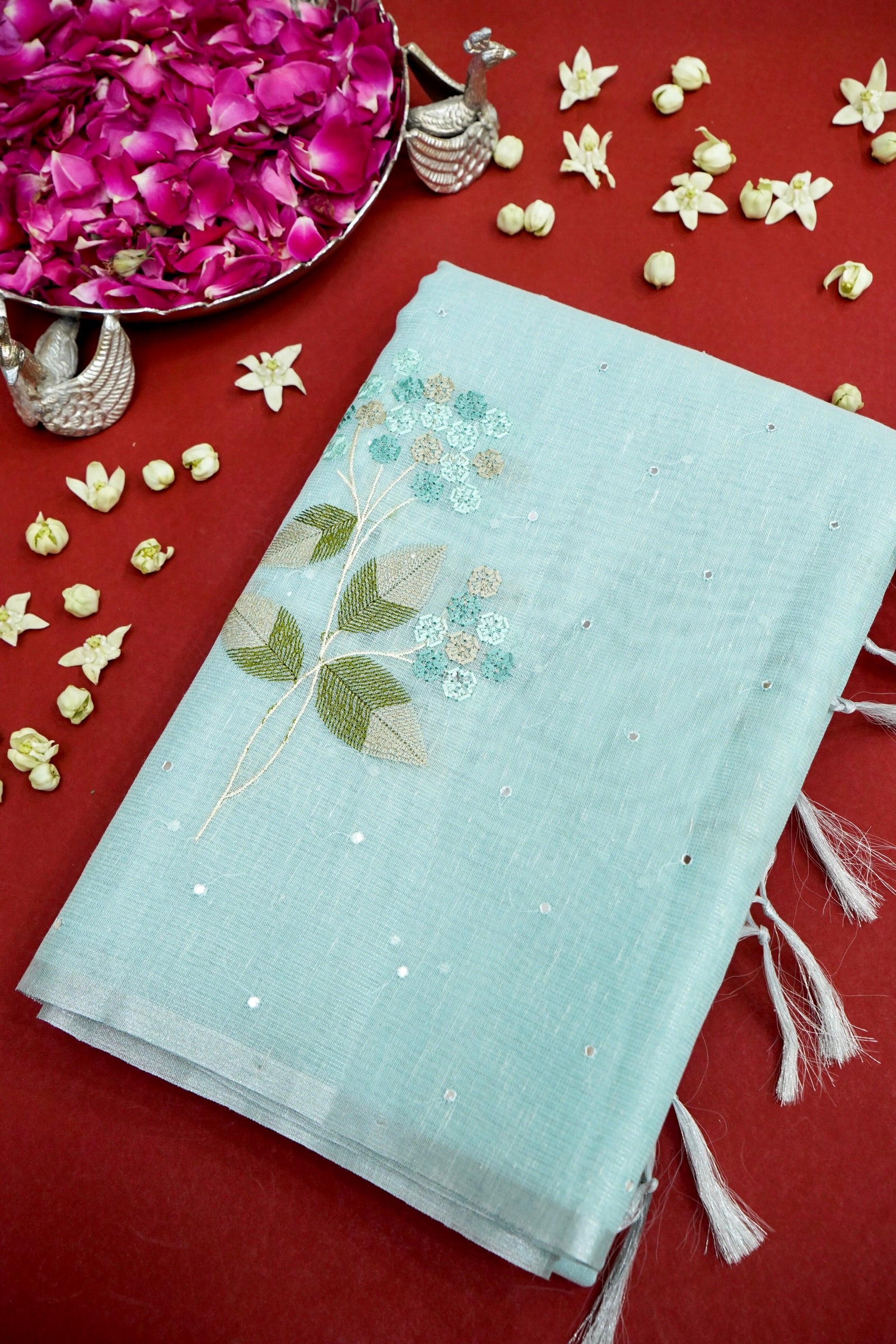 Linen Saree Floral Embroidery with Mirror Work – Sky Blue