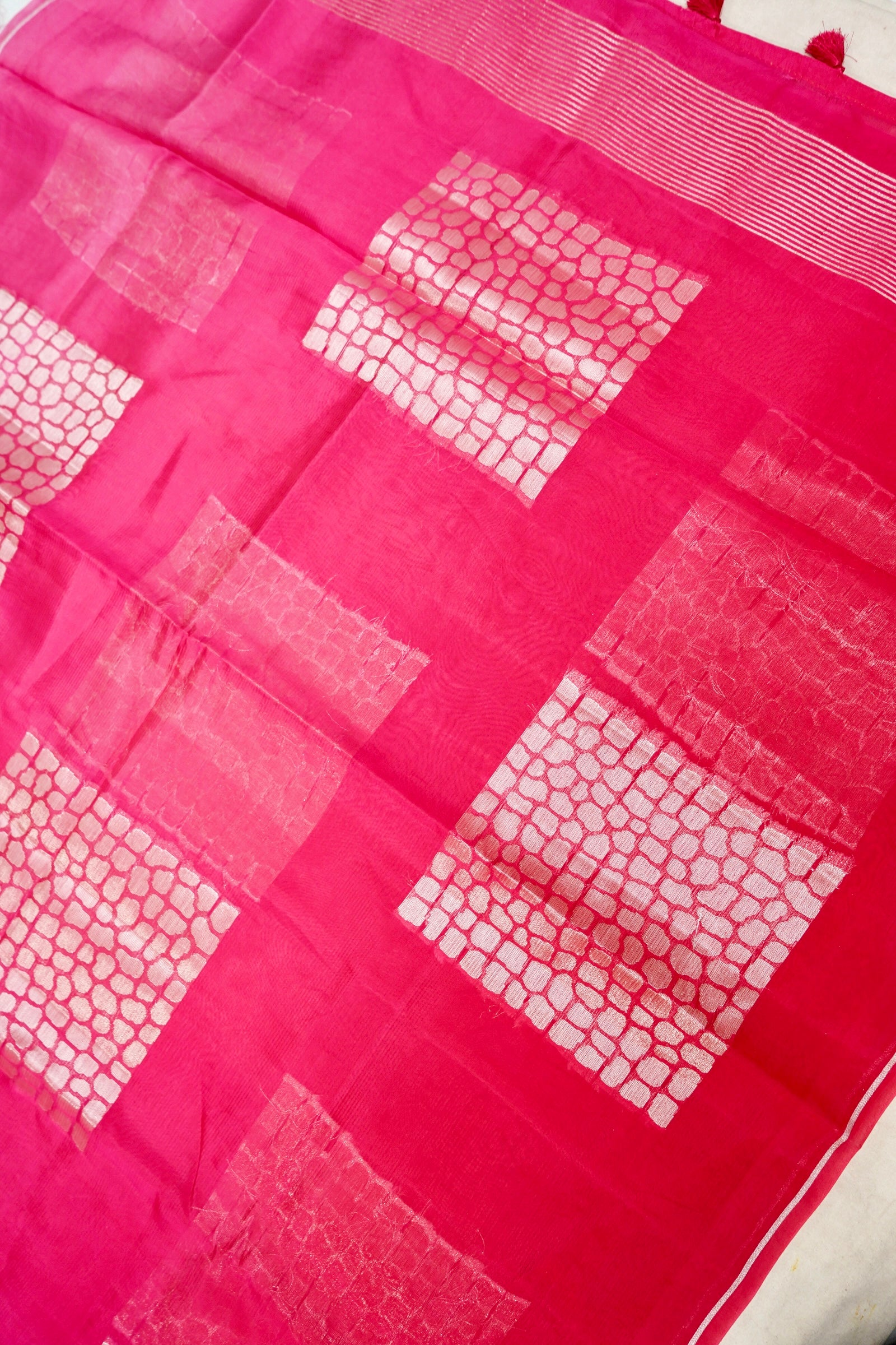 Ombré Paper Silk Saree with Geometric Square Motifs – Pink Radiance