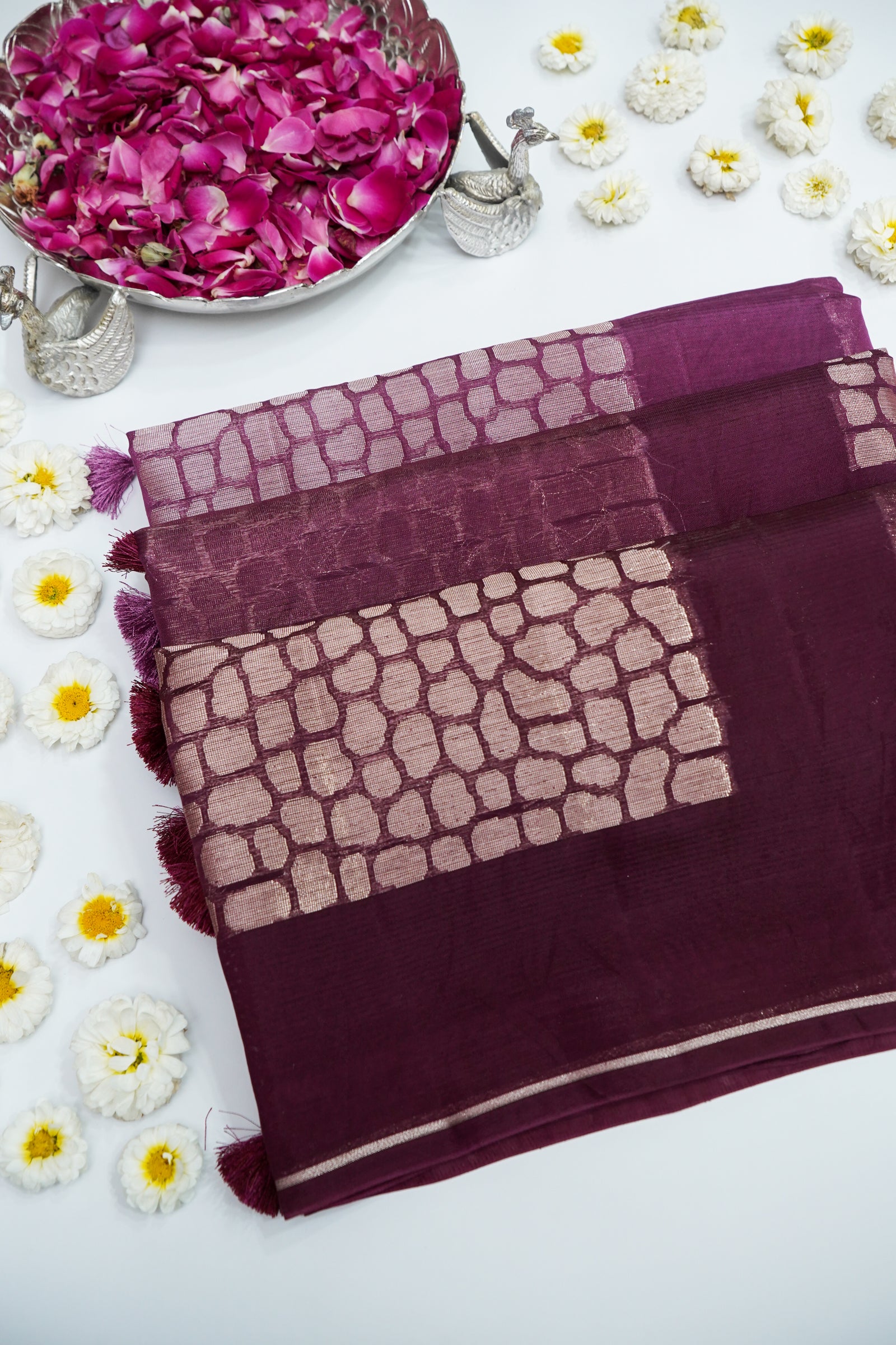 Ombré Paper Silk Saree with Geometric Square Motifs – Rich Wine
