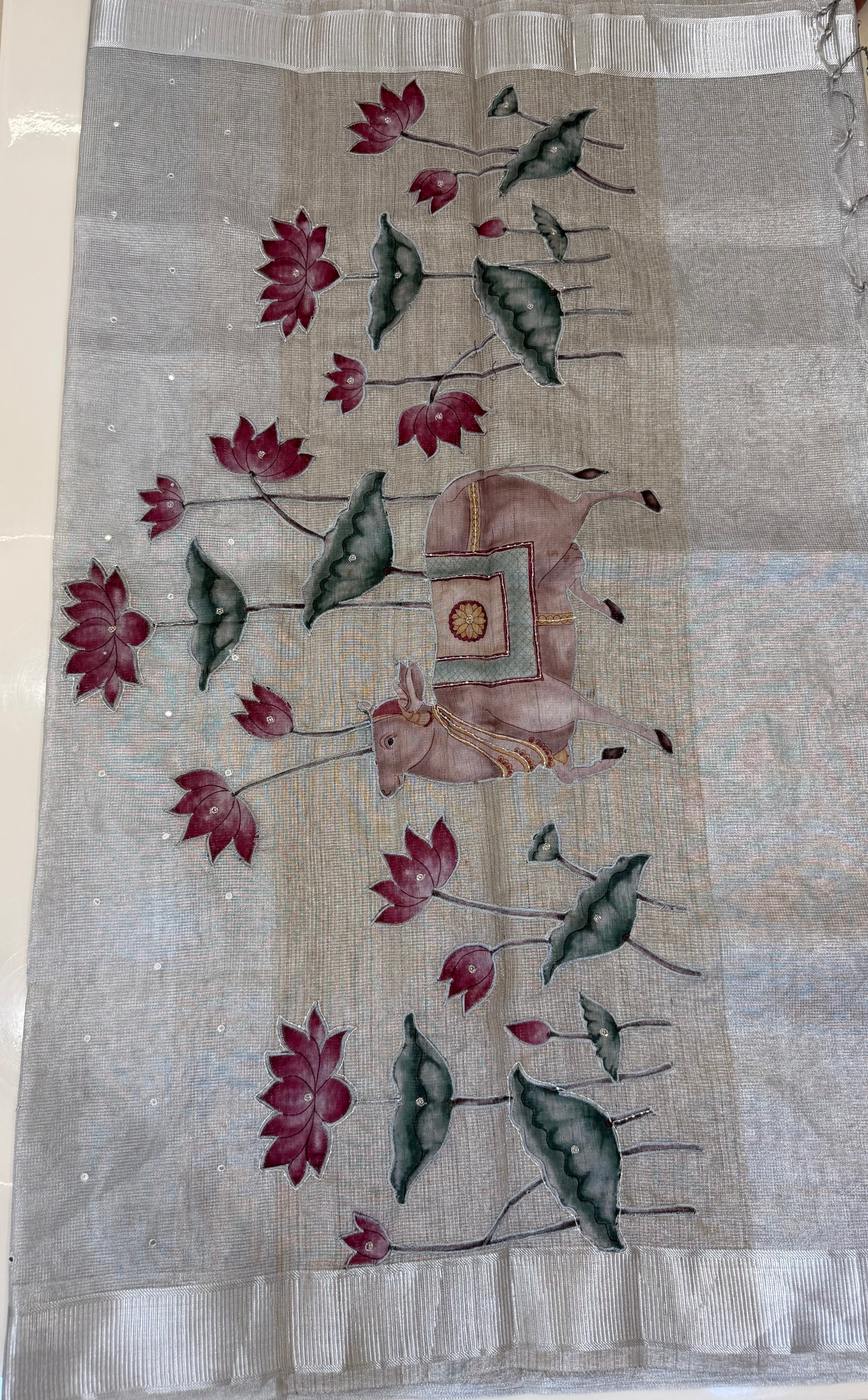 Silver Kota Tissue Pichwai Appliqué Saree