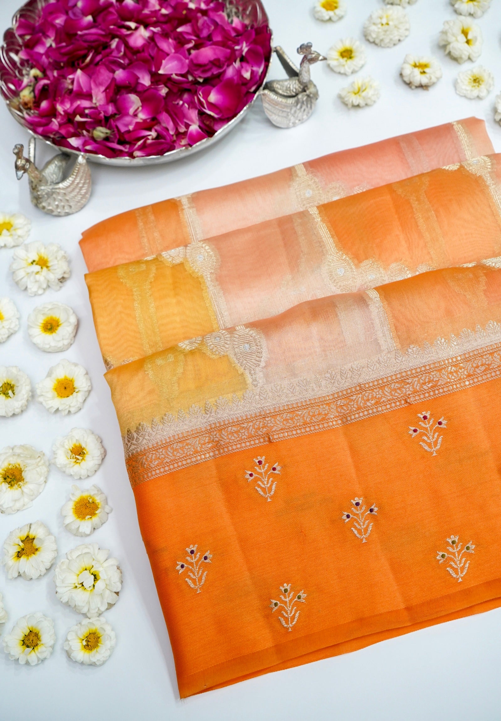 Kora Silk Rangkaat Saree Zari Weaving – Orange